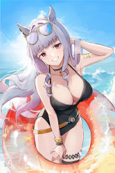 Rule 34 | 1girl, animal ears, arm up, bare arms, bare shoulders, belt, black choker, black one-piece swimsuit, blue sky, blunt bangs, breasts, brown belt, choker, cleavage, commentary, cowboy shot, day, ema (kuguiema), eyewear on head, gold ship (run revolt launcher) (umamusume), gold ship (umamusume), grey hair, grin, hand in own hair, horse ears, innertube, large breasts, long hair, looking at viewer, ocean, one-piece swimsuit, pink eyes, sky, smile, solo, standing, sunglasses, swim ring, swimsuit, thigh strap, thighs, umamusume, water, white hair