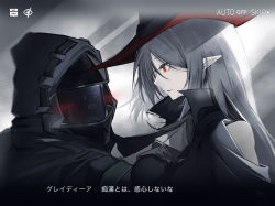 Rule 34 | 1girl, 1other, absurdres, arknights, ascot, bare shoulders, black dress, black headwear, blush, commentary, doctor (arknights), dress, earrings, from side, gameplay mechanics, gladiia (arknights), goth fashion, hat, high collar, highres, hood, hooded jacket, jacket, jewelry, lips, looking at another, pointy ears, pointy hat, profile, red eyes, silver hair, tab head, translation request, tricorne, upper body, visor, white ascot