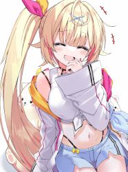 Rule 34 | +++, 1girl, :d, ^ ^, ahoge, bare shoulders, black panties, blonde hair, blue shorts, blush, breasts, closed eyes, collarbone, commentary request, crop top, facing viewer, front-tie top, hair ornament, hairclip, hand to own mouth, hand up, highleg, highleg panties, highres, hoshikawa sara, hoshikawa sara (1st costume), jacket, kuhotaka, laughing, long hair, long sleeves, medium breasts, midriff, multicolored hair, nail polish, navel, nijisanji, off shoulder, open clothes, open jacket, open mouth, panties, red hair, red nails, short shorts, shorts, side ponytail, sidelocks, sitting, sleeves past wrists, smile, solo, streaked hair, tank top, tears, underwear, very long hair, virtual youtuber, white background, white jacket, white tank top, wide sleeves, x hair ornament