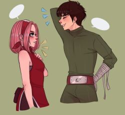 Rule 34 | 1boy, 1girl, arm behind head, artist request, bandaged arm, bandages, bare shoulders, black hair, closed eyes, green background, hairband, hand on chest, hand on own chest, haruno sakura, jumpsuit, konohagakure symbol, lips, naruto (series), naruto shippuuden, naruto shippuuden, pink hair, red hairband, rock lee, short hair, simple background, source request, talking, waistband