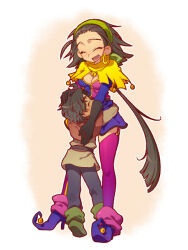 1boy 1girl black_gloves black_hair breasts capelet cleavage clopin closed_eyes earrings esmeralda_(disney) footwear_bell full_body garter_straps genderswap genderswap_(ftm) genderswap_(mtf) gloves hoop_earrings hug jewelry kiri_futoshi long_hair pointed_footwear purple_thighhighs short_hair the_hunchback_of_notre_dame thighhighs very_long_hair white_background yellow_capelet