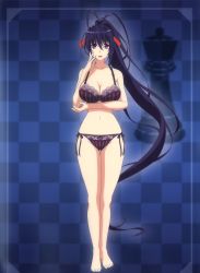 Rule 34 | 1girl, absurdres, antenna hair, barefoot, black hair, bra, breasts, chess piece, cleavage, female focus, full body, hair ribbon, high school dxd, highres, himejima akeno, large breasts, long hair, midriff, navel, orange ribbon, panties, ponytail, purple eyes, queen (chess), ribbon, solo, standing, string panties, striped clothes, striped panties, underwear, underwear only