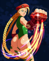 Rule 34 | 1girl, ahoge, ass, beret, blonde hair, blue eyes, braid, cammy white, capcom, hat, kitsune23star, leotard, long hair, looking at viewer, parted lips, solo, street fighter, tattoo, twin braids