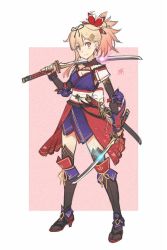 Rule 34 | 1girl, alternate costume, anchor symbol, arm guards, armor, bad id, bad twitter id, black ribbon, black socks, blonde hair, blush, braid, breasts, cleavage, closed mouth, cosplay, dan (kumadan), dual wielding, earrings, elbow pads, fang, fang out, fate/grand order, fate (series), fire, french braid, full body, hair ornament, hair ribbon, hairclip, holding, holding sword, holding weapon, japanese clothes, jewelry, kantai collection, katana, kimono, kneehighs, legs apart, long sleeves, looking at viewer, medium breasts, miyamoto musashi (fate), miyamoto musashi (fate) (cosplay), miyamoto musashi (second ascension) (fate), obi, over shoulder, pink background, ponytail, purple fire, purple kimono, red eyes, ribbon, sash, short hair, sketch, smug, socks, solo, standing, sword, tareme, thighhighs, two-tone background, unsheathed, waist cape, weapon, weapon over shoulder, yuudachi (kancolle)