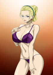 Rule 34 | 1girl, bare shoulders, blonde hair, bra, breasts, cleavage, earrings, glasses, hairband, highres, jewelry, kalifa (one piece), large breasts, legs, looking at viewer, navel, nel-zel formula, one piece, panties, ponytail, purple bra, purple eyes, purple panties, serious, simple background, solo, standing, thighs, underwear