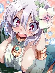 Rule 34 | 1girl, alternate breast size, armlet, blush, breasts, brooch, dated, flower, gradient background, hair between eyes, hair flower, hair ornament, jewelry, kokkoro (princess connect!), large breasts, medium hair, miuku (marine sapphire), open mouth, pink eyes, pointy ears, princess connect!, see-through, see-through sleeves, sideboob, silver hair, solo, wavy mouth