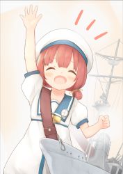 Rule 34 | 1girl, arm up, blue sailor collar, blush, centi mnkt, closed eyes, dress, hair ribbon, hair rings, hat, highres, kaiboukan no.4 (kantai collection), kantai collection, notice lines, open mouth, red hair, ribbon, rigging, sailor collar, sailor dress, short hair, short sleeves, simple background, solo