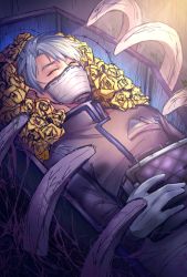 Rule 34 | 1boy, absurdres, aesop carl, barbed wire, bone, coffin, closed eyes, flower, gloves, highres, identity v, jacket, kmiyako, lying, male focus, mask, on back, pocket square, ribs, silver hair, sleeping, solo, white gloves