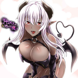 Rule 34 | 1girl, black gloves, black thighhighs, blush, breasts, cleavage, dark-skinned female, dark skin, demon girl, elbow gloves, gloves, heart, heart tail, highres, horns, huge breasts, leaning forward, looking at viewer, open mouth, original, pointy ears, smile, solo, sorono wa soro, tail, thighhighs, tsurime, white hair, wings