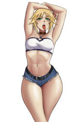 Rule 34 | 1girl, armpits, arms up, bandeau, bare arms, belt, black belt, blonde hair, blush, breasts, commentary, cowboy shot, cutoffs, denim, denim shorts, fate/apocrypha, fate (series), female focus, green eyes, highres, jiuukek, looking at viewer, medium breasts, micro shorts, midriff, mordred (fate), mordred (fate/apocrypha), mordred (memories at trifas) (fate), navel, open mouth, short hair, shorts, simple background, solo, standing, stomach, strapless, thighs, tongue, tongue out, tube top, white background