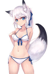 Rule 34 | 1girl, absurdres, animal ear fluff, animal ears, bare arms, bare shoulders, bikini, blue bow, blue eyes, blush, bow, breasts, closed mouth, collarbone, commentary request, fox ears, fox girl, fox tail, gluteal fold, hair bow, hair ornament, hairclip, hand up, highres, long hair, looking at viewer, masaki (msk064), medium breasts, navel, original, ponytail, side-tie bikini bottom, silver hair, simple background, solo, swimsuit, tail, tail raised, white background, white bikini