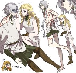 Rule 34 | 2boys, 2girls, absurdres, anger vein, arm tattoo, bags under eyes, barefoot, black eyes, blonde hair, blue eyes, boots, chest tattoo, dungeon meshi, elf, fleki, gloves, gorget, grey hair, hair around ear, highres, holding nose, long hair, long sleeves, looking at viewer, low twintails, lycion, medium hair, mithrun, multiple boys, multiple girls, nose pinch, notched ear, oejikim, pattadol, pinching, pinching another&#039;s nose, pointy ears, poking, shaded face, shirt, short hair, single glove, sleeveless, tattoo, thigh boots, topless male, tunic, twintails, yellow eyes