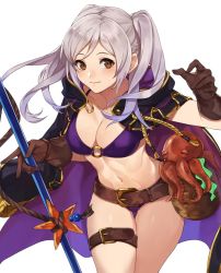 Rule 34 | 1girl, belt, belt buckle, bikini, braid, breasts, brown eyes, buckle, cleavage, closed mouth, coat, fire emblem, fire emblem awakening, fire emblem heroes, gloves, highres, holding, holding weapon, kamu (kamuuei), looking at viewer, nintendo, o-ring, o-ring bikini, o-ring top, octopus, robin (female) (fire emblem), robin (fire emblem), rope, seaweed, silver hair, simple background, smile, starfish, swimsuit, thigh strap, twintails, weapon, white background