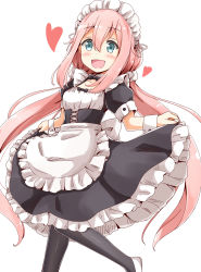 Rule 34 | 1girl, :d, aikawa ryou, alternate costume, apron, black dress, black pantyhose, blue eyes, blush, commentary request, dress, enmaided, frilled apron, frilled dress, frills, hair between eyes, heart, highres, kagamihara nadeshiko, long hair, looking at viewer, low twintails, maid, maid headdress, open mouth, pantyhose, pink hair, puffy short sleeves, puffy sleeves, shoes, short sleeves, sidelocks, simple background, skirt hold, smile, solo, standing, standing on one leg, twintails, very long hair, white apron, white background, white footwear, wrist cuffs, yurucamp
