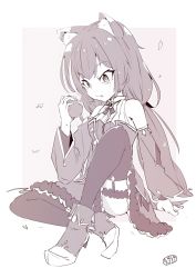 Rule 34 | 1girl, animal ear fluff, animal ears, bob (you-u-kai), cat ears, detached sleeves, eating, falling leaves, garter straps, highres, karyl (princess connect!), leaf, limited palette, long hair, princess connect!, simple background, sitting, sleeveless, solo, thighhighs, twintails, very long hair