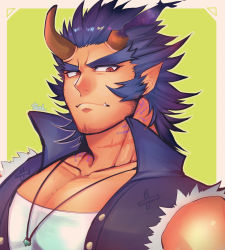 Rule 34 | 1boy, bara, bare shoulders, blue hair, collared jacket, dark blue hair, demon boy, facial hair, fang, fiery horns, highres, horns, jacket, jewelry, large pectorals, long sideburns, looking at viewer, male focus, muscular, necklace, pectorals, red eyes, short hair, sideburns, solo, stubble, takemaru (housamo), thick eyebrows, tokyo houkago summoners, torn clothes, touoh, upper body