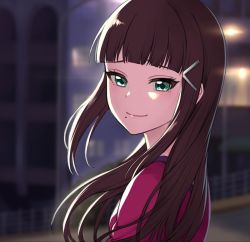 Rule 34 | 10s, 1girl, bad id, bad twitter id, black hair, bloom, blouse, blunt bangs, blurry, blurry background, closed mouth, commentary, from side, green eyes, hair ornament, keita (kta0), kurosawa dia, long hair, looking at viewer, love live!, love live! sunshine!!, mole, mole under mouth, night, outdoors, over shoulder, profile, red shirt, shirt, smile, solo, upper body