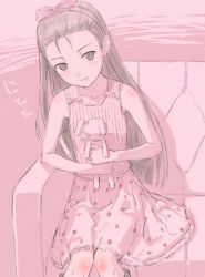 Rule 34 | 00s, 1girl, bow, dress, hair bow, hair slicked back, hairband, holding, holding stuffed toy, idolmaster, idolmaster (classic), idolmaster 1, limited palette, long hair, looking at viewer, minase iori, pink theme, shimano natsume, sitting, smile, solo, stuffed animal, stuffed rabbit, stuffed toy