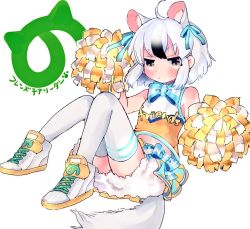 Rule 34 | 10s, 1girl, alternate costume, anteater ears, anteater tail, bare shoulders, black hair, blush, bow, bowtie, cheerleader, clothes writing, commentary request, crop top, english text, extra ears, full body, hair bow, japari symbol, kemono friends, kemono friends festival, multicolored hair, noamem, pleated skirt, pom pom (cheerleading), short hair, shorts, shorts under skirt, skirt, sleeveless, solo, southern tamandua (kemono friends), thighhighs, translation request, white hair, zettai ryouiki