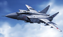 Rule 34 | aircraft, airplane, attack aircraft, cloud, day, fighter jet, flying, interceptor aircraft, jet, mig-31, military, military vehicle, missile, no humans, original, realistic, roundel, russia, russian text, sky, star (symbol), vehicle focus, zephyr164