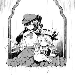 Rule 34 | 2girls, cabbie hat, collared shirt, detached sleeves, dolls in pseudo paradise, flat cap, frilled hat, frills, greyscale, hat, hat feather, jacket girl (dipp), juliet sleeves, kaigen 1025, label girl (dipp), long hair, long sleeves, monochrome, multiple girls, puffy sleeves, shirt, side ponytail, skirt, smoking pipe, star (symbol), touhou, vest, wavy hair