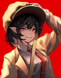 Rule 34 | 1girl, absurdres, black hair, brown coat, brown hat, coat, collared shirt, hair between eyes, hat, highres, long sleeves, necktie, open clothes, open coat, open mouth, pointy ears, red background, red eyes, red necktie, shameimaru aya, shameimaru aya (newsboy), shirt, short hair, simple background, smile, solo, touhou, upper body, white shirt, yuhel