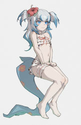 Rule 34 | 1girl, absurdres, bare shoulders, barefoot, bikini, blue eyes, chunkyeggy, closed mouth, film grain, fins, fish tail, flower, flower on head, full body, gawr gura, grey background, highres, hololive, hololive english, navel, shark girl, shark tail, simple background, sitting, swimsuit, tail, virtual youtuber