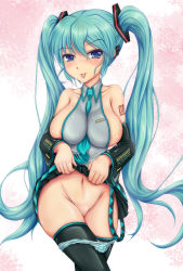Rule 34 | 1girl, :p, aqua eyes, between breasts, blue eyes, blush, breasts, clothes lift, crossed legs, detached sleeves, female focus, groin, hatsune miku, headphones, highres, kishimen, large breasts, long hair, looking at viewer, naughty face, navel, necktie, panties, panty pull, pussy, sitting, skirt, skirt lift, solo, standing, striped clothes, striped panties, thighhighs, tongue, tongue out, twintails, uncensored, underwear, very long hair, vocaloid