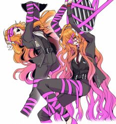 Rule 34 | 1girl, arm shield, arms up, bbunny, belt, black belt, black jacket, black pants, black vest, bound, bound arms, bow, brown hairband, collared shirt, gradient hair, grin, hair bow, hairband, ishmael (project moon), jacket, leg ribbon, limbus company, long hair, looking at viewer, multicolored hair, multiple views, necktie, open mouth, orange hair, pants, pink hair, pink ribbon, pink shoes (project moon), project moon, red necktie, ribbon, shirt, simple background, smile, very long hair, vest, white background, white bow, white shirt