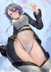 Rule 34 | 1girl, ahoge, asymmetrical hair, azur lane, belt, black belt, black jacket, blush, breasts, cloud, cloudy sky, commentary, covered navel, cowboy shot, cross hair ornament, crossed bangs, d.birb, epaulettes, eyebrows hidden by hair, foch (azur lane), from below, grey hair, groin, hair between eyes, hair ornament, hand up, highleg, highres, holding, holding knife, jacket, knife, large breasts, leotard, long hair, long sleeves, looking at viewer, multicolored hair, open clothes, open shirt, parted lips, purple hair, red eyes, shirt, sidelocks, signature, sky, solo, standing, thigh gap, thighhighs, twitter username, water drop, white leotard, white shirt, white thighhighs