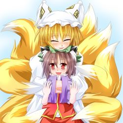 Rule 34 | 2girls, animal ears, bad id, bad pixiv id, blonde hair, brown hair, cat ears, cat girl, cat tail, chen, closed eyes, female focus, fox tail, hands in opposite sleeves, hat, hug, hug from behind, kmkm9696, multiple girls, multiple tails, open mouth, red hair, short hair, smile, tail, touhou, yakumo ran