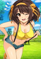 Rule 34 | 1girl, ;d, blue shorts, blue sky, breasts, brown hair, cleavage, cloud, collarbone, commentary request, covered erect nipples, crop top, day, hair ribbon, hairband, hand on own hip, haruhisky, highres, large breasts, medium hair, midriff, navel, notice lines, one eye closed, open mouth, outdoors, playground, ribbon, shoes, shorts, sky, smile, solo, sports bra, suspender shorts, suspenders, suzumiya haruhi, suzumiya haruhi no yuuutsu, teeth, tongue, upper teeth only, yellow footwear, yellow hairband, yellow ribbon, yellow sports bra