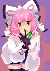 Rule 34 | 1girl, absurdres, arm at side, asymmetrical legwear, bow, breasts, collared shirt, creatures (company), drill hair, dynamax band, eyeshadow, finger to mouth, flipped hair, fur jacket, game freak, gloves, hair bow, hairband, hand up, highres, index finger raised, jacket, klara (pokemon), latteee, leaning forward, makeup, medium breasts, mismatched legwear, mole, mole under mouth, nintendo, partially fingerless gloves, pink eyeshadow, pink hair, pink lips, pokemon, pokemon swsh, print shirt, print shorts, print thighhighs, purple eyes, shaded face, shirt, short hair, shorts, side slit, side slit shorts, single glove, smile, solo, thighhighs, twin drills, white bow, white hairband