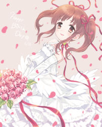 Rule 34 | 1girl, amezawa koma, bare shoulders, blush, bouquet, brown eyes, brown hair, choker, clover, commentary request, dated, dress, elbow gloves, flower, four-leaf clover, frilled dress, frills, gloves, hair ribbon, happy birthday, highres, holding, holding bouquet, idolmaster, idolmaster cinderella girls, long hair, ogata chieri, parted lips, petals, red ribbon, ribbon, ribbon choker, rose, rose petals, smile, solo, twintails, wedding dress, white gloves