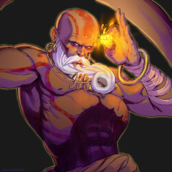 Rule 34 | bald, bandages, bangle, beard, body markings, bracelet, dhalsim, earrings, facial hair, facial mark, fire, hoop earrings, jewelry, muscular, muscular male, mustache, no pupils, ok sign, serious, simple background, street fighter, stretching