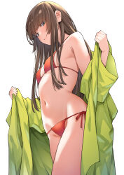 Rule 34 | 1girl, amagami, armpit crease, bare shoulders, bikini, breasts, closed mouth, coat, commentary request, cowboy shot, from below, green coat, green eyes, groin, highres, kamizaki risa, long hair, long sleeves, looking at viewer, looking down, micro bikini, navel, off shoulder, open clothes, open coat, red bikini, shouji nigou, side-tie bikini bottom, sidelocks, simple background, skindentation, small breasts, smile, solo, stomach, string bikini, swimsuit, thighs, white background, wide sleeves