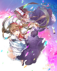 Rule 34 | 10s, 2girls, apron, brown hair, character request, detached sleeves, elf, female focus, frills, long hair, maid, maid apron, maid headdress, multiple girls, myucel foalan, outbreak company, pointy ears, purple eyes, ribbon, skirt, smile, twintails, yuugen