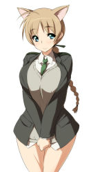 Rule 34 | 00s, 1girl, animal ears, blue eyes, braid, breasts squeezed together, breasts, brown hair, cat ears, covering privates, hip focus, huge breasts, long hair, lynette bishop, necktie, nekomamire, no pants, own hands together, ribbon, single braid, smile, solo, strike witches, sweater, wide hips, world witches series