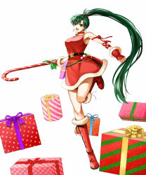 Rule 34 | 1girl, bell, neck bell, bow, box, candy, candy cane, collar, delsaber, dress, earrings, female focus, fingerless gloves, fire emblem, fire emblem: the blazing blade, food, fur trim, gift, gloves, green eyes, green hair, highres, jewelry, long hair, looking at viewer, lyn (fire emblem), matching hair/eyes, nintendo, open mouth, ponytail, red bow, red dress, red footwear, red gloves, santa costume, sleeveless, sleeveless dress, smile, solo