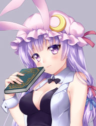 Rule 34 | 1girl, animal ears, blush, book, bow, bowtie, breasts, cleavage, crescent, hair ribbon, hat, highres, leotard, long hair, looking at viewer, medium breasts, nanamiya, patchouli knowledge, playboy bunny, purple eyes, purple hair, rabbit ears, ribbon, simple background, solo, touhou, vest, wrist cuffs