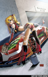 Rule 34 | 1girl, arched back, ass, bent over, blonde hair, blue eyes, boots, bucket, candy, car, dutch angle, elbow gloves, food, from behind, full body, gloves, hair over eyes, high heels, lollipop, long hair, looking back, mastafuu, midriff, motor vehicle, neon genesis evangelion, nissan, nissan gt-r, peter huu nguyen, race queen, race vehicle, racecar, shoes, shorts, souryuu asuka langley, sparkle, washing, washing vehicle