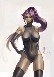 Rule 34 | 1girl, absurdres, black hair, black thighhighs, bleach, breasts, brown eyes, dark skin, detached sleeves, hand on own hip, highres, large breasts, long hair, long sleeves, looking to the side, ponytail, shihouin yoruichi, shinra (baby80526), smile, standing, thighhighs