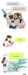 Rule 34 | 1girl, 2boys, beard, bilingual, cassidy (overwatch), cellphone, comic, d.va (overwatch), drink, english text, facial hair, gun, hard-translated, highres, korean text, long hair, mask, mixed-language text, multiple boys, overwatch, overwatch 1, phone, ranguage, short hair, soldier: 76 (overwatch), third-party edit, visor, washing machine, weapon, white background