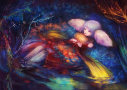 Rule 34 | 1girl, afloat, blush, dress, partially submerged, pink hair, professor, professor (ragnarok online), ragnarok online, red dress, red eyes, sakaya, sakaya313, sleeping, solo, twintails, water