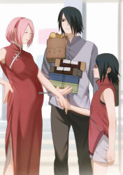 Rule 34 | 1boy, 2girls, absurdres, bag, black eyes, black hair, boruto: naruto next generations, box, bread, breasts, chinese commentary, closed eyes, commentary request, family, father and daughter, flat chest, food, frown, glasses, grey shorts, grey vest, hand grab, hand on own hip, haruno sakura, highres, holding, holding bag, holding box, husband and wife, medium breasts, mother and daughter, multiple girls, naruto (series), niku (ni23ku), pink hair, pregnant, red-framed eyewear, shorts, smile, twitter username, uchiha sarada, uchiha sasuke, vest