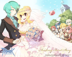 3girls 4boys :3 animal ascot blonde_hair blue_ascot blue_hair blush bouquet breasts brown-framed_eyewear brown_eyes brown_hair buttons church clapping cleavage closed_eyes closed_mouth copyright_notice cowboy_shot desert_wolf_(ragnarok_online) dog doyle_(ragnarok_online) dress ellen_(ragnarok_online) flower gauntlets glasses gloves grey_hair grin groom hair_bun hans_(ragnarok_online) hetero holding holding_animal holding_bouquet holding_hands jewelry large_breasts lilia_(ragnarok_online) logo looking_at_another medium_hair mid_(ragnarok_online) multiple_boys multiple_girls necklace official_art official_wallpaper open_mouth pearl_necklace pink_flower pink_hair pink_rose polka_dot_ascot poring puppy ragnarok_online rose rune_(ragnarok_online) shirt short_hair sidelocks single_hair_bun slime_(creature) smile swept_bangs taruk wedding wedding_dress white_dress white_gloves white_shirt wolf yuri_(ragnarok_online)