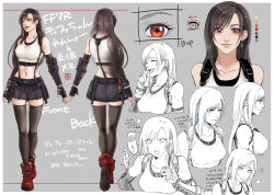 Rule 34 | 1girl, absurdres, bare shoulders, black gloves, black hair, black skirt, black sports bra, black thighhighs, boots, bracelet, breasts, character sheet, close-up, closed mouth, collarbone, crop top, cropped torso, earrings, elbow gloves, expressions, final fantasy, final fantasy vii, final fantasy vii remake, fingerless gloves, from behind, full body, gloves, grey background, highres, index finger raised, jewelry, large breasts, long hair, looking at viewer, low-tied long hair, midriff, multiple views, mypallet, navel, open mouth, red eyes, red footwear, single arm guard, single earring, single sidelock, skirt, smile, sports bra, suspender skirt, suspenders, swept bangs, tank top, thighhighs, tifa lockhart, translation request, upper body, white tank top, zettai ryouiki