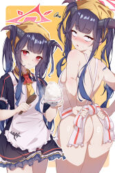 Rule 34 | 1girl, absurdres, apron, ass, black dress, black hair, blue archive, blush, bowl, closed mouth, dress, frilled dress, frills, fuuka (blue archive), halo, head scarf, highres, holding, holding bowl, horns, long hair, multiple views, nolmo, open mouth, red eyes, red halo, rice, rice bowl, short sleeves, white apron, yellow headwear
