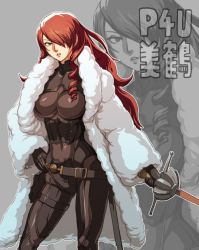 Rule 34 | 1girl, atlus, bad id, bad pixiv id, bodysuit, breasts, coat, framed breasts, fur coat, hair over one eye, hand on own hip, hip focus, kirijou mitsuru, large breasts, long hair, oetaro, persona, persona 3, persona 4, persona 4: the ultimate in mayonaka arena, red eyes, red hair, solo, sword, weapon