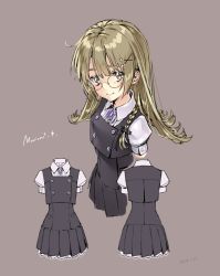 Rule 34 | 1girl, adapted costume, bespectacled, black bow, blonde hair, bow, braid, buttons, character name, dress, glasses, grey background, hair bow, hair ornament, jewelry, jiinyo (awamoe1207), kirisame marisa, long hair, looking at viewer, necklace, puffy short sleeves, puffy sleeves, round eyewear, school uniform, short sleeves, side braid, simple background, single braid, smile, solo, star (symbol), star hair ornament, thick eyebrows, touhou, x hair ornament, yellow eyes